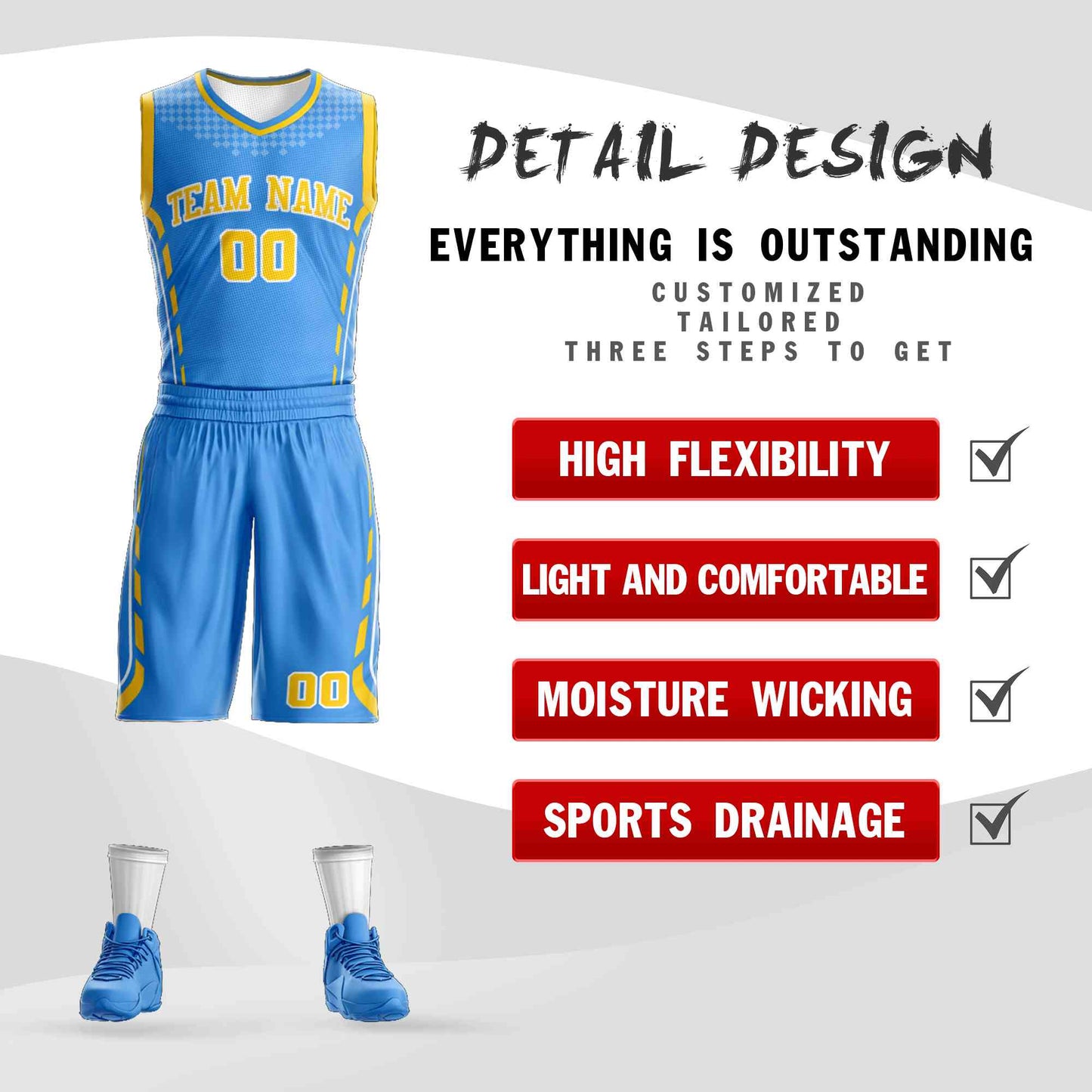 Custom Powder Blue Yellow-White Graffiti Pattern Sets Oblique Bar Basketball Jersey Limited