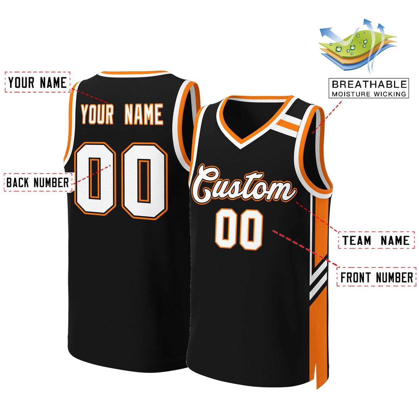 Custom Black White Orange Classic Tops Mesh Basketball Jersey Limited