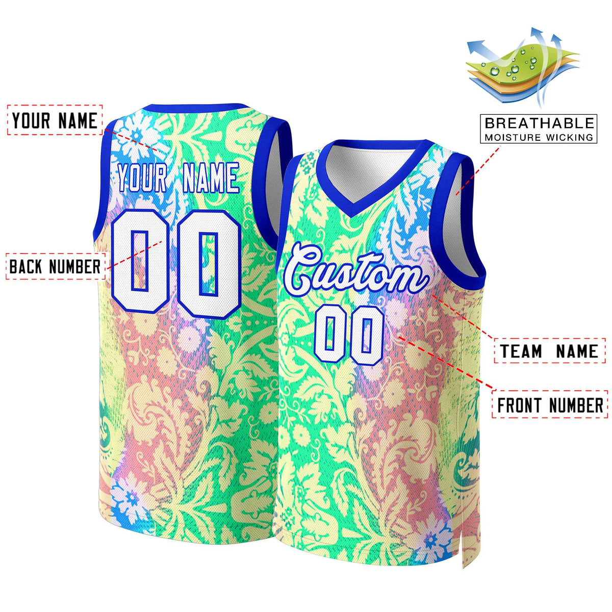 Custom Green White-Royal Graffiti Pattern Tops Mesh Basketball Jersey Limited