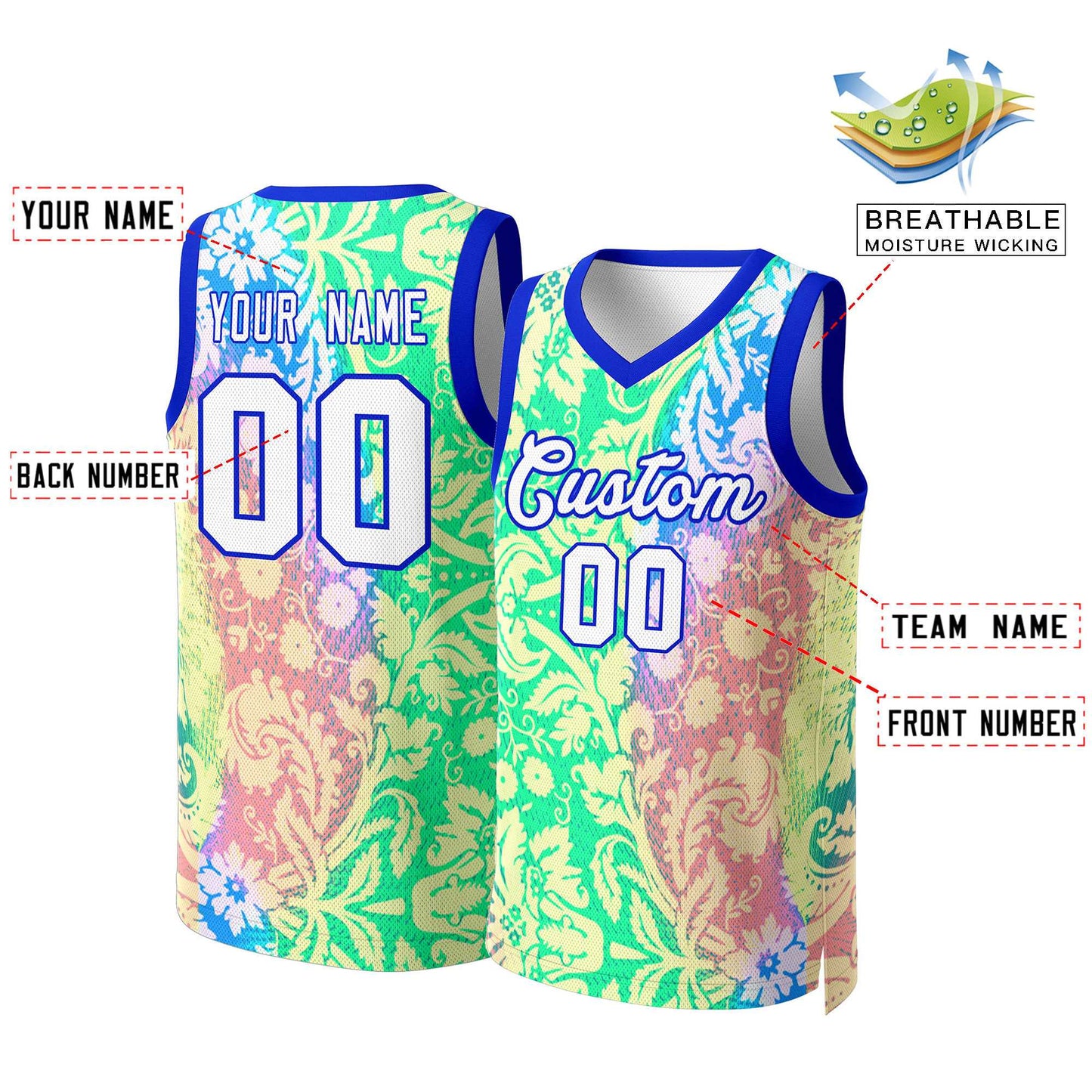 Custom Green White-Royal Graffiti Pattern Tops Mesh Basketball Jersey Limited