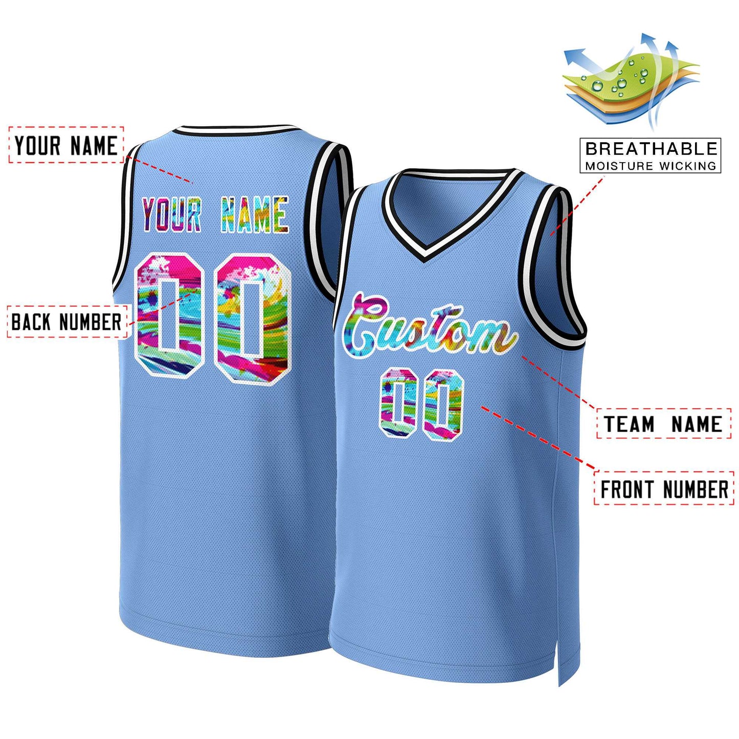 Custom Light Blue Graffiti-White Graffiti Pattern Tops Mesh Basketball Jersey Limited