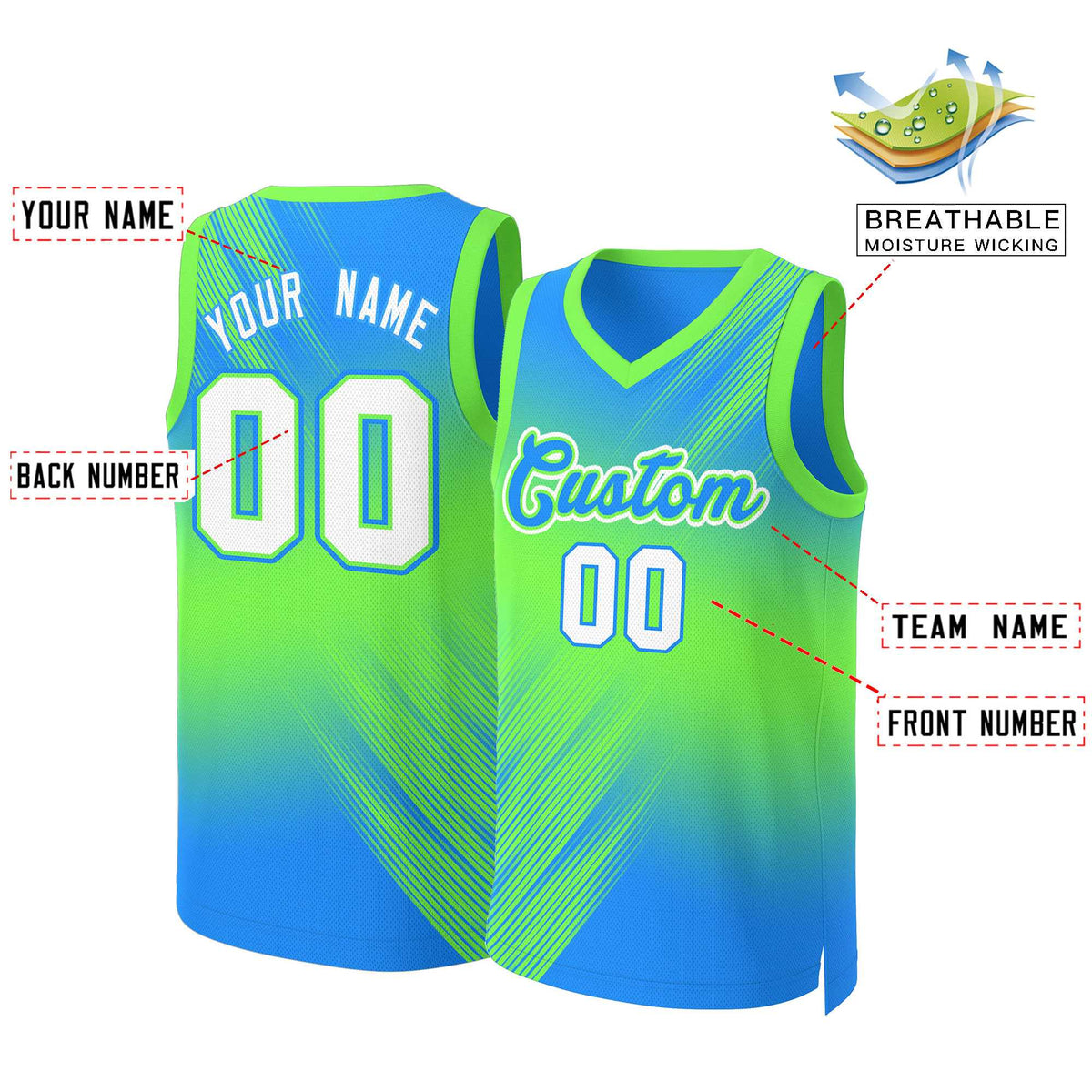 Custom Green Blue-Green Gradient Fashion Tops Slash Basketball Jersey Limited