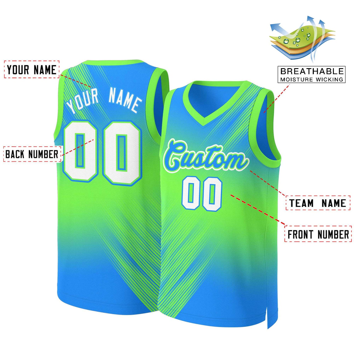 Custom Green Blue-Green Gradient Fashion Tops Slash Basketball Jersey Limited