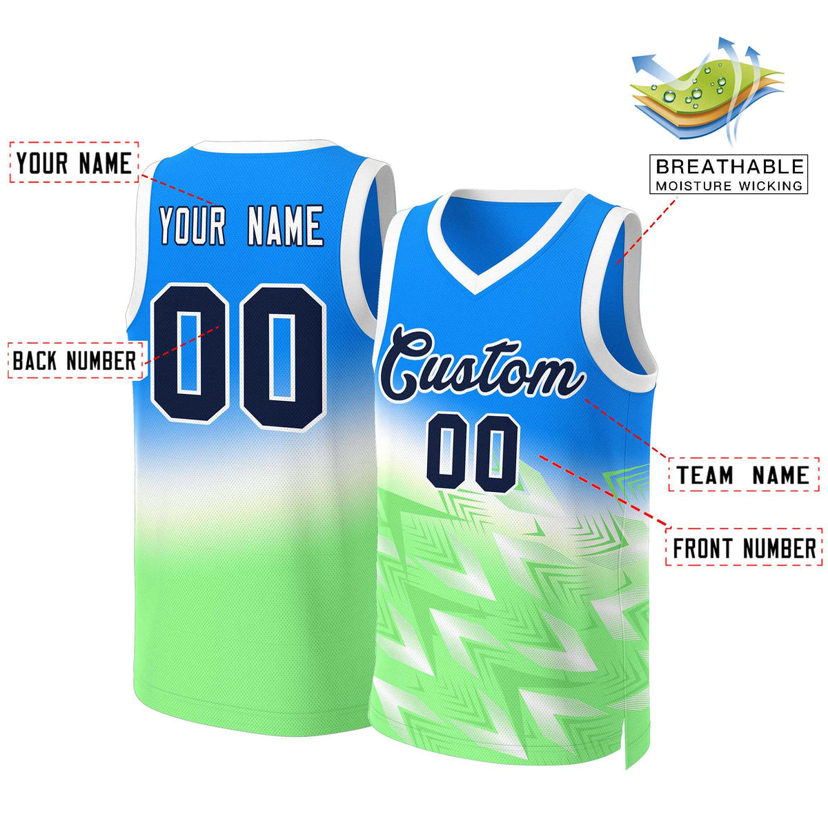 Custom Blue Green-Black Gradient Fashion Tops Slash Basketball Jersey Limited