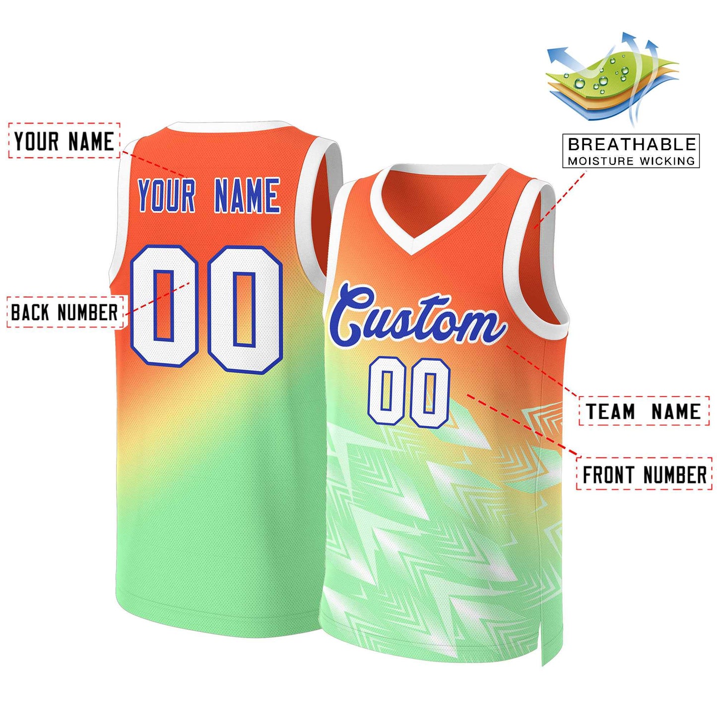 Custom Orange Green-Royal Gradient Fashion Tops Slash Basketball Jersey Limited