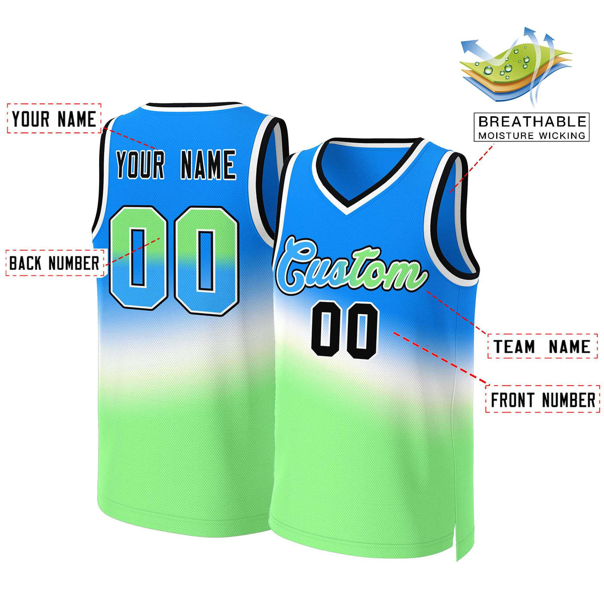 Custom Blue Green-Blue Gradient Fashion Tops Slash Basketball Jersey Limited