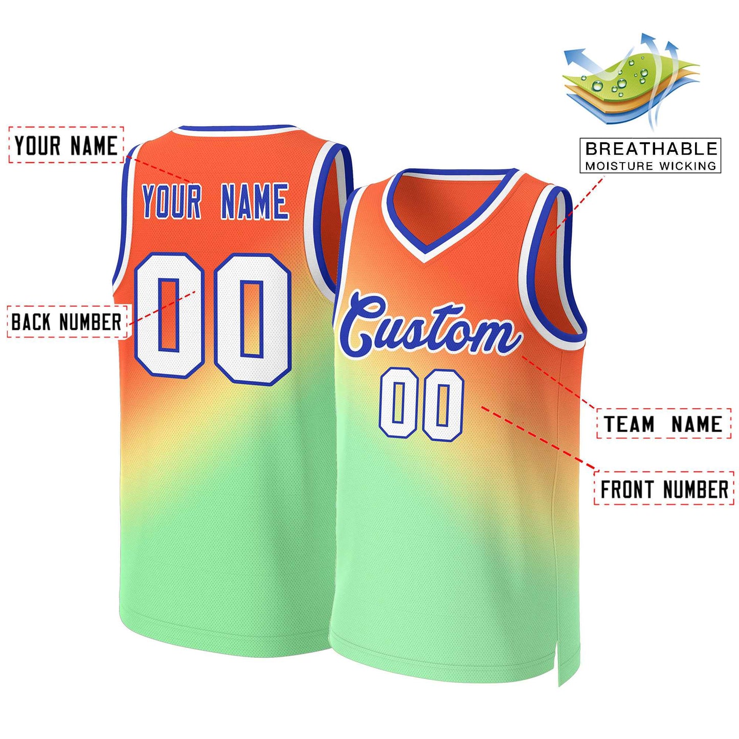 Custom Orange Green-Royal Gradient Fashion Tops Slash Basketball Jersey Limited