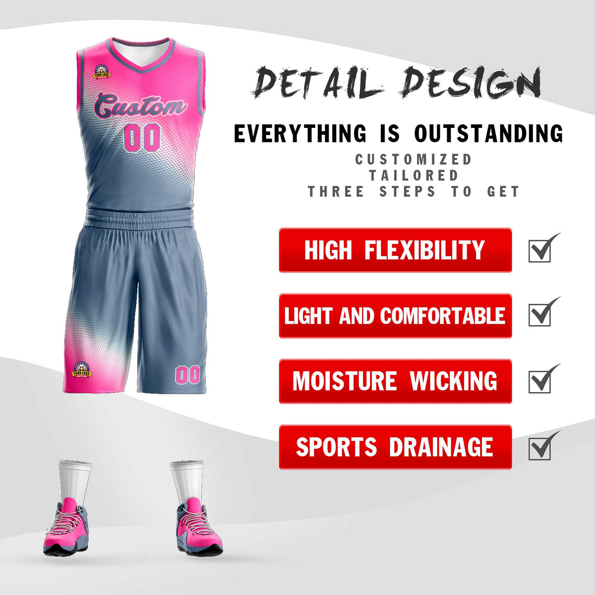 Custom Pink Dark Gray Gradient Fashion Sports Uniform Basketball Jersey Limited