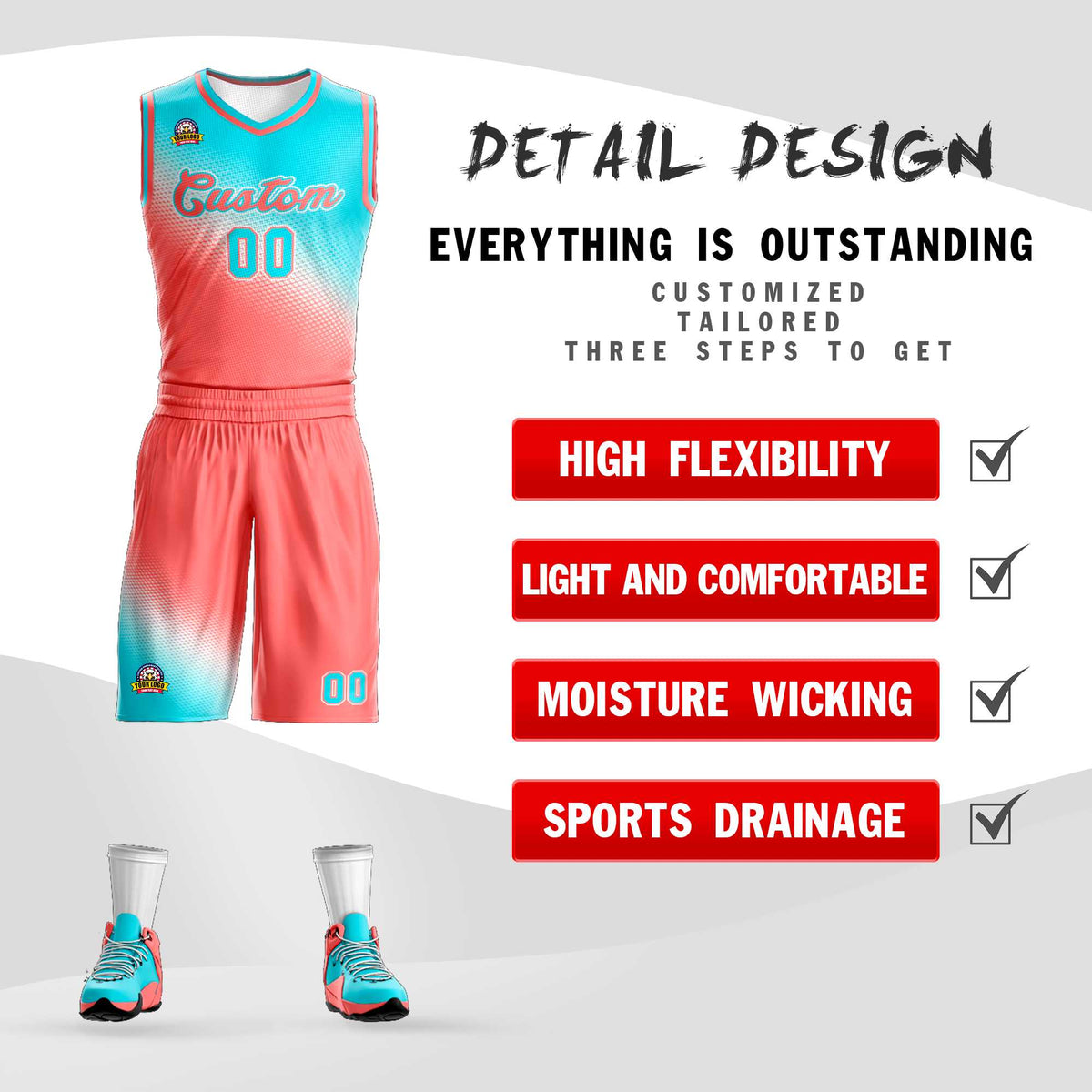 Custom Sky Blue Light Red Gradient Fashion Sports Uniform Basketball Jersey Limited
