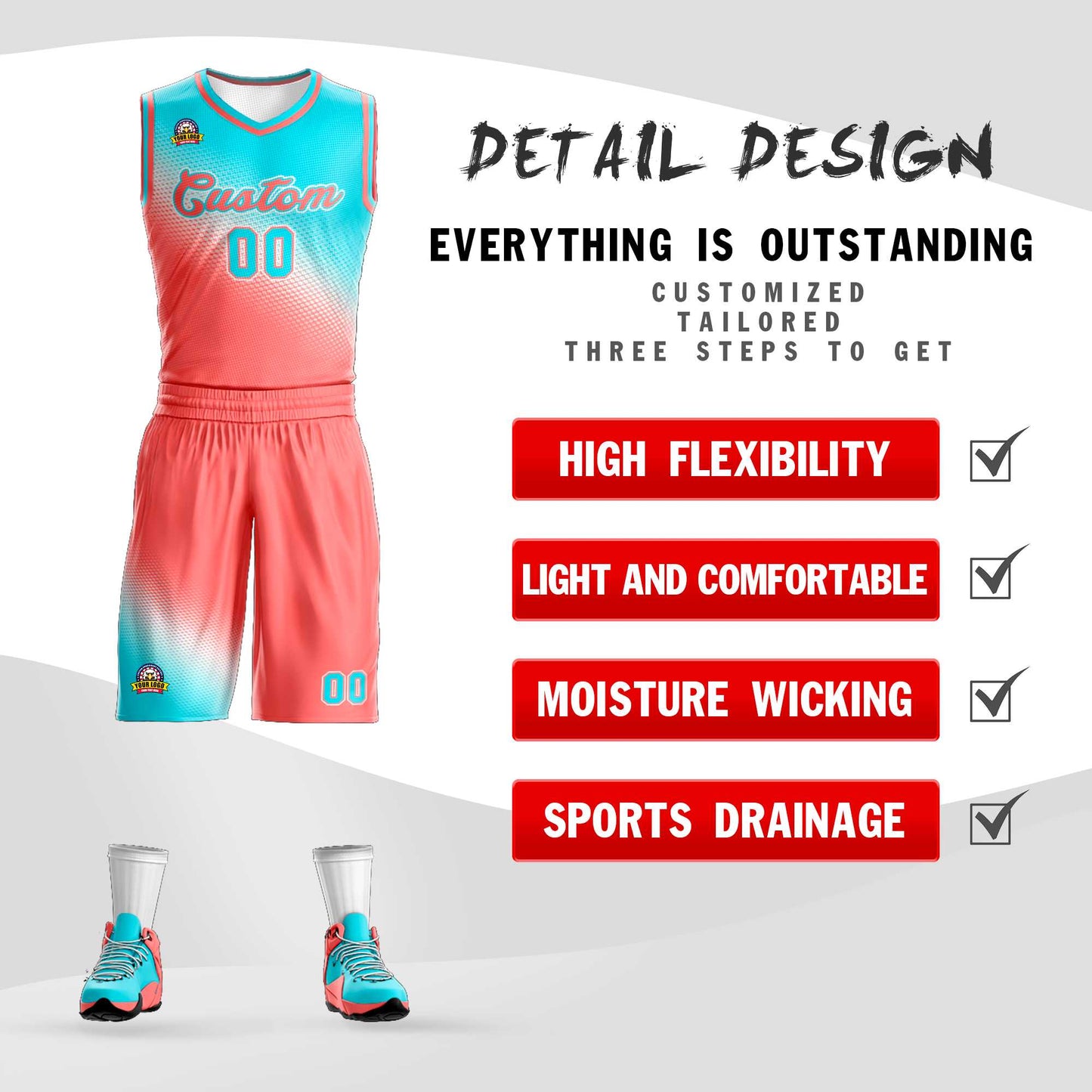 Custom Sky Blue Light Red Gradient Fashion Sports Uniform Basketball Jersey Limited