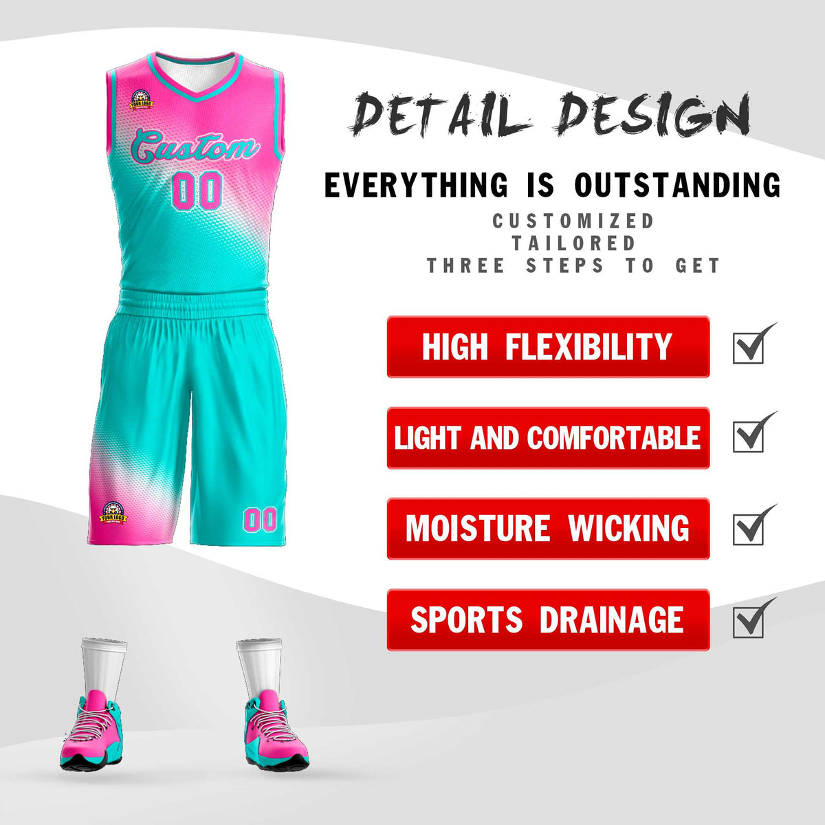 Custom Rose Red Aqua Gradient Fashion Sports Uniform Basketball Jersey Limited