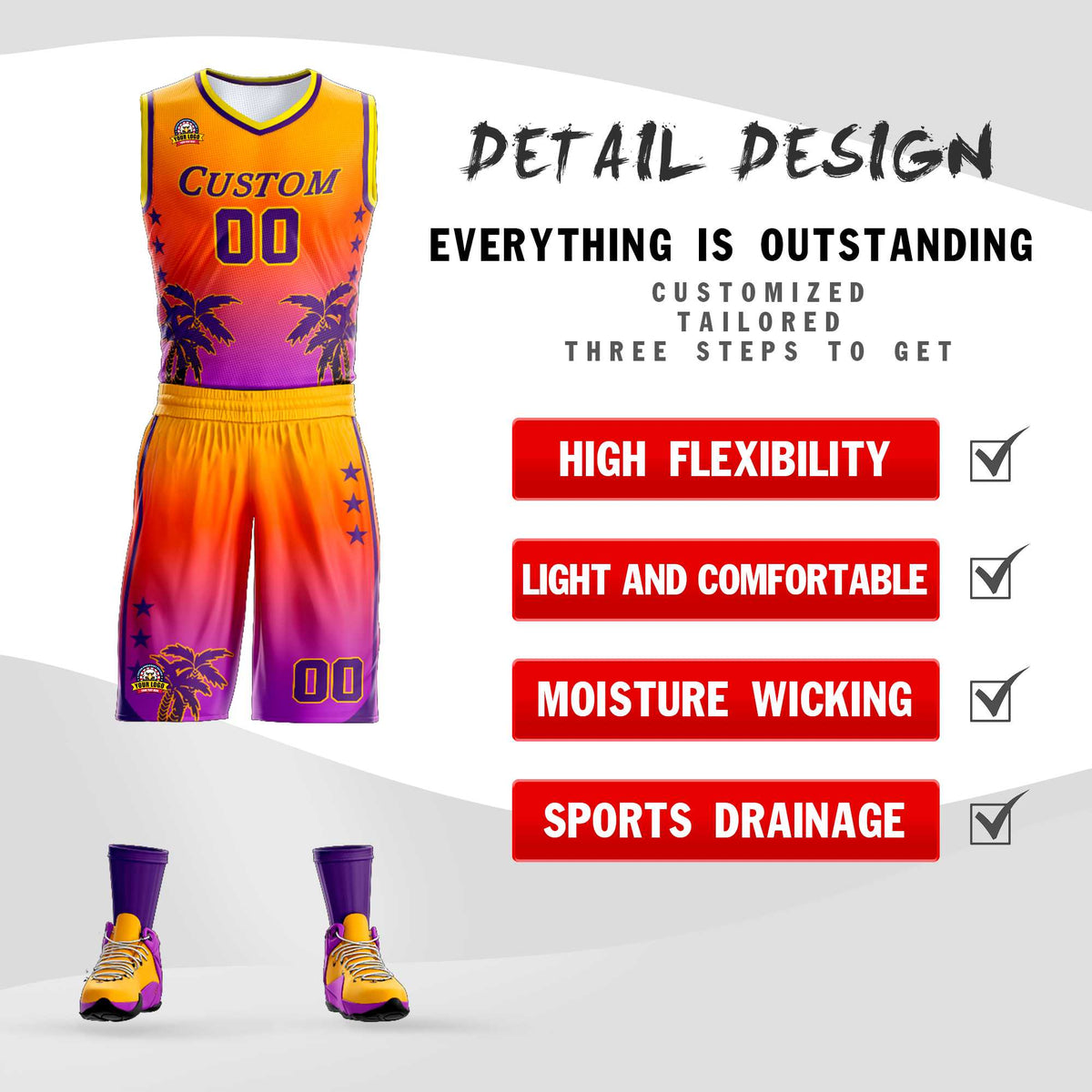 Custom Yellow Orange-Purple Gradient Fashion Coconut Palm Pattern Sports Uniform Basketball Jersey Limited