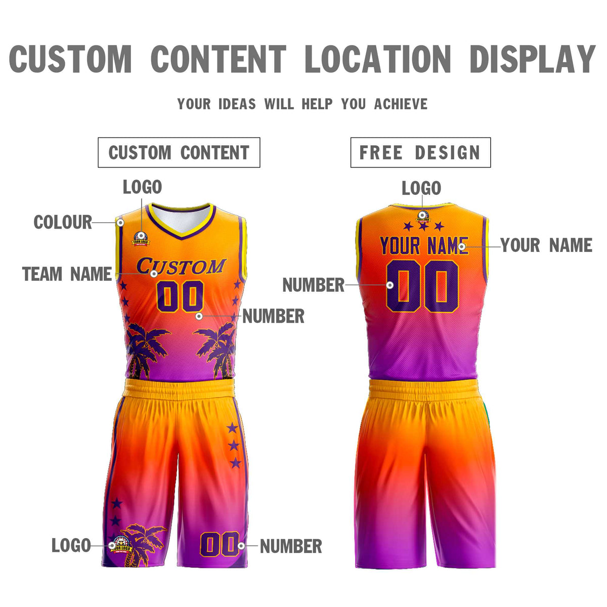 Custom Yellow Orange-Purple Gradient Fashion Coconut Palm Pattern Sports Uniform Basketball Jersey Limited