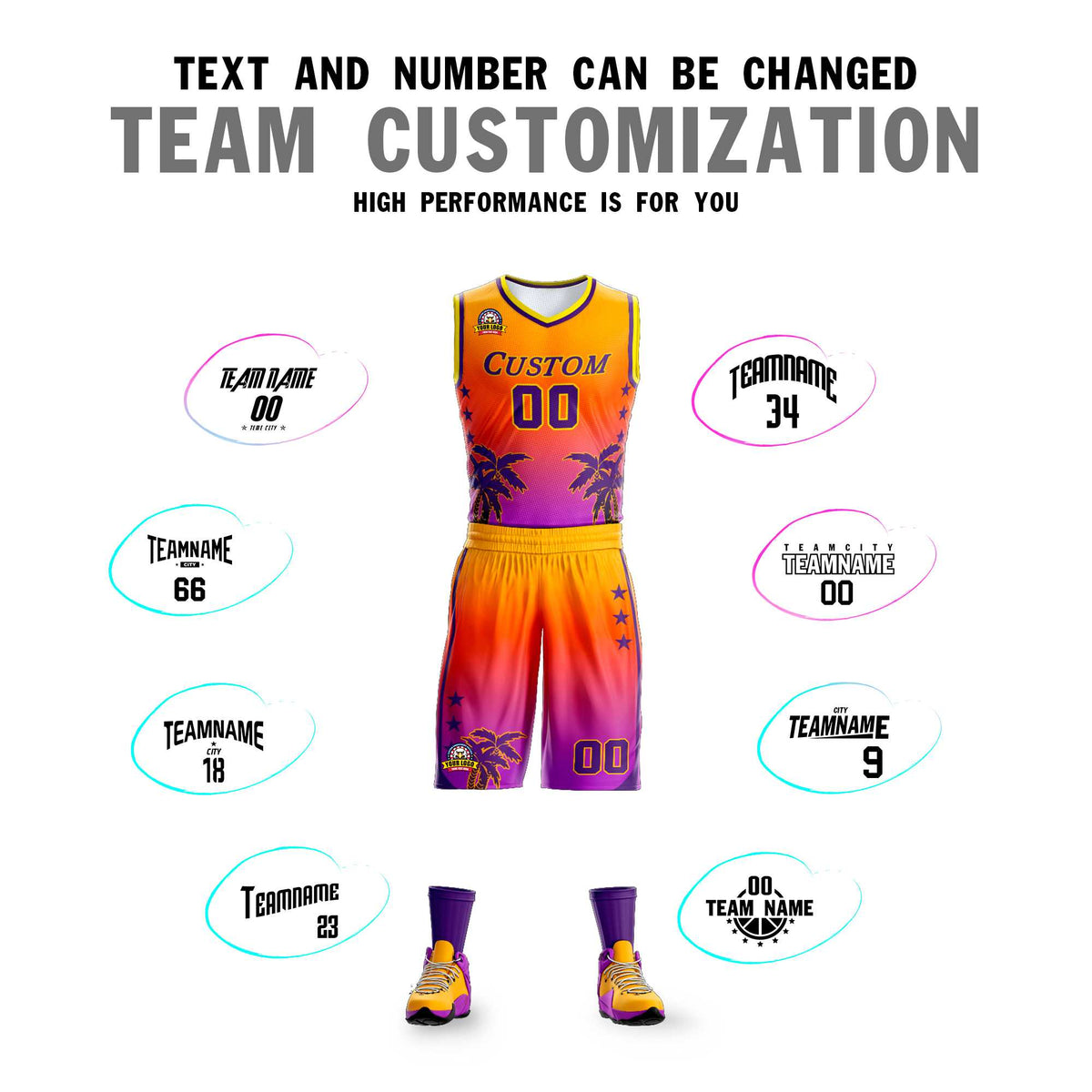 Custom Yellow Orange-Purple Gradient Fashion Coconut Palm Pattern Sports Uniform Basketball Jersey Limited