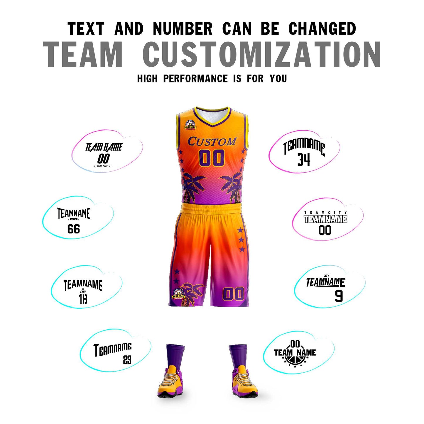 Custom Yellow Orange-Purple Gradient Fashion Coconut Palm Pattern Sports Uniform Basketball Jersey Limited