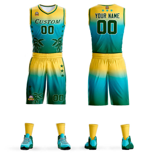 Custom Yellow Blue-Aqua Gradient Fashion Coconut Palm Pattern Sports Uniform Basketball Jersey