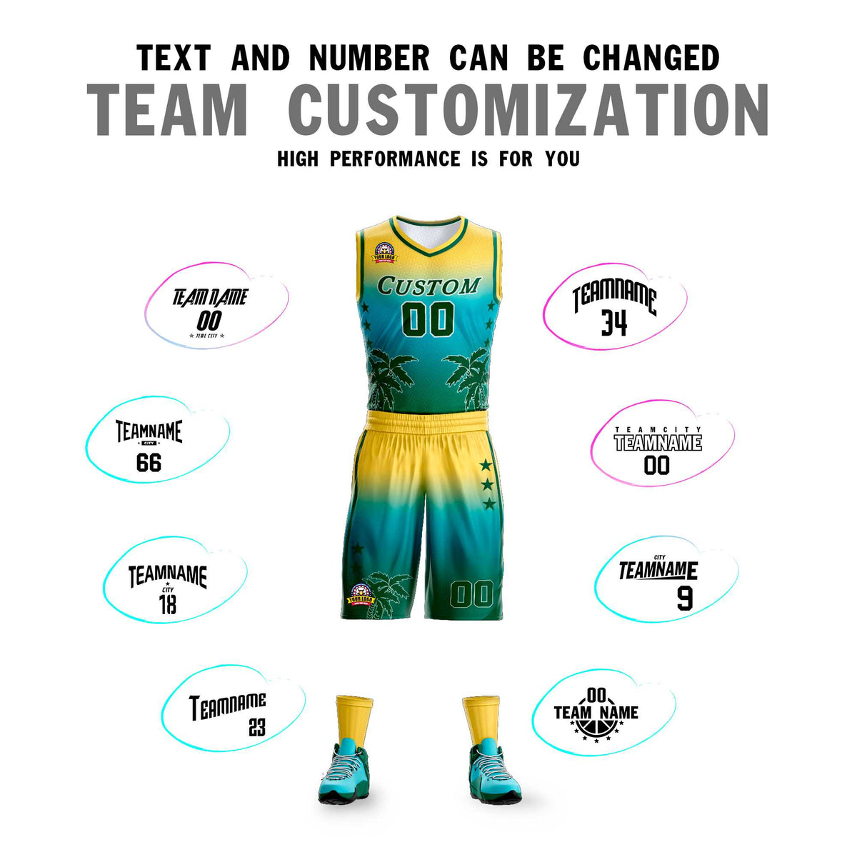 Custom Yellow Blue-Aqua Gradient Fashion Coconut Palm Pattern Sports Uniform Basketball Jersey Limited