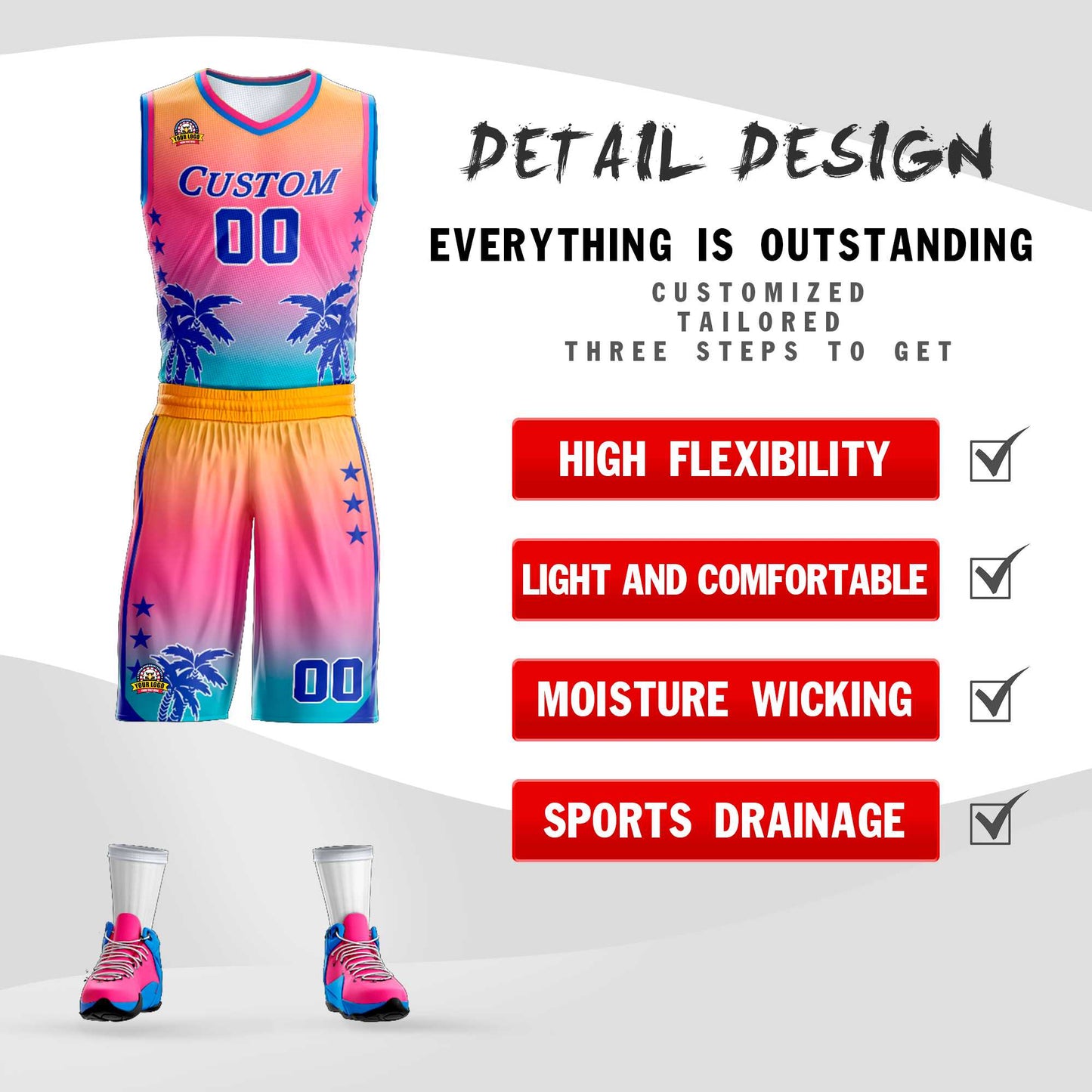 Custom Yellow Pink-Blue Gradient Fashion Coconut Palm Pattern Sports Uniform Basketball Jersey Limited