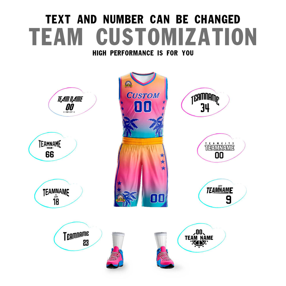 Custom Yellow Pink-Blue Gradient Fashion Coconut Palm Pattern Sports Uniform Basketball Jersey Limited