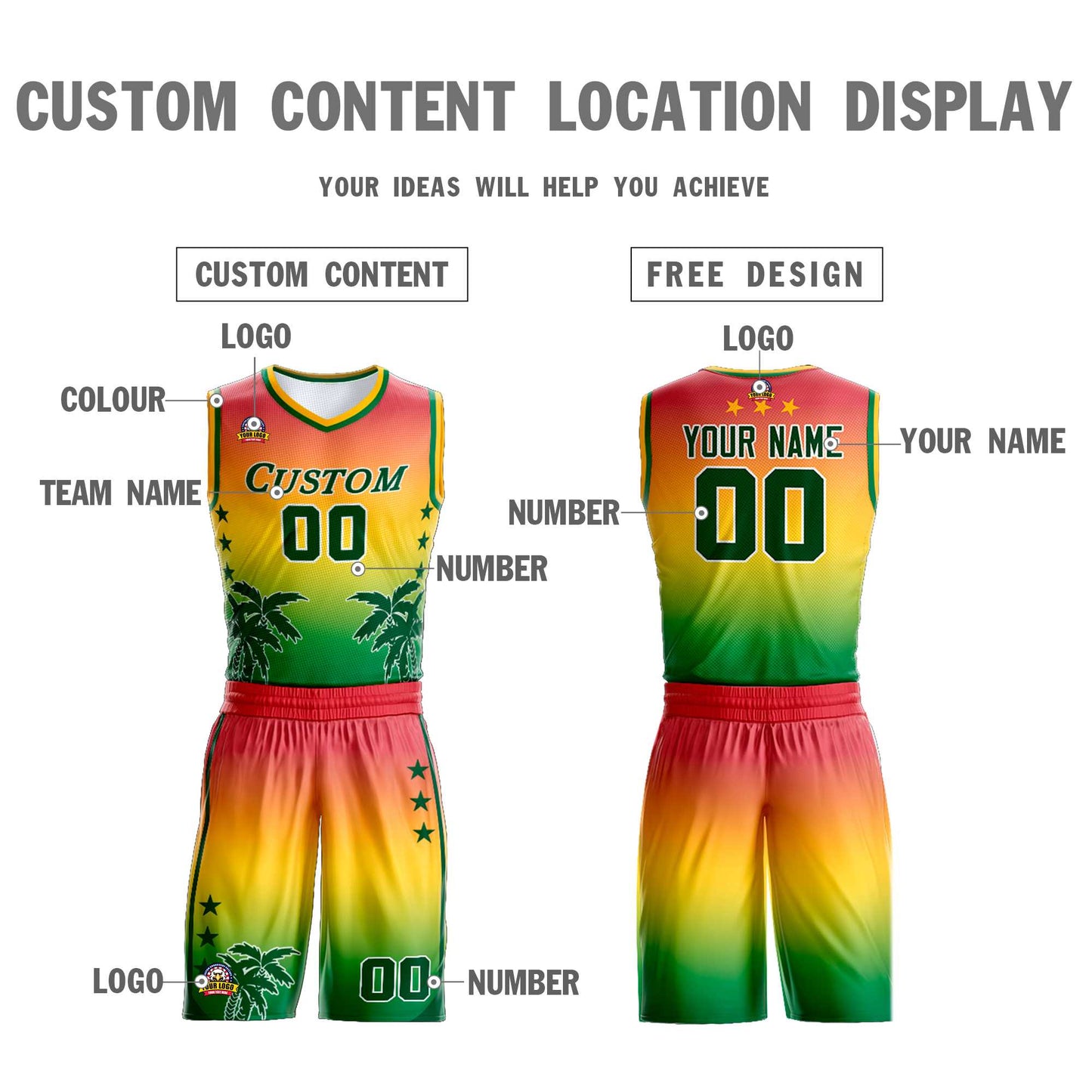 Custom Red Yellow-Green Gradient Fashion Coconut Palm Pattern Sports Uniform Basketball Jersey Limited
