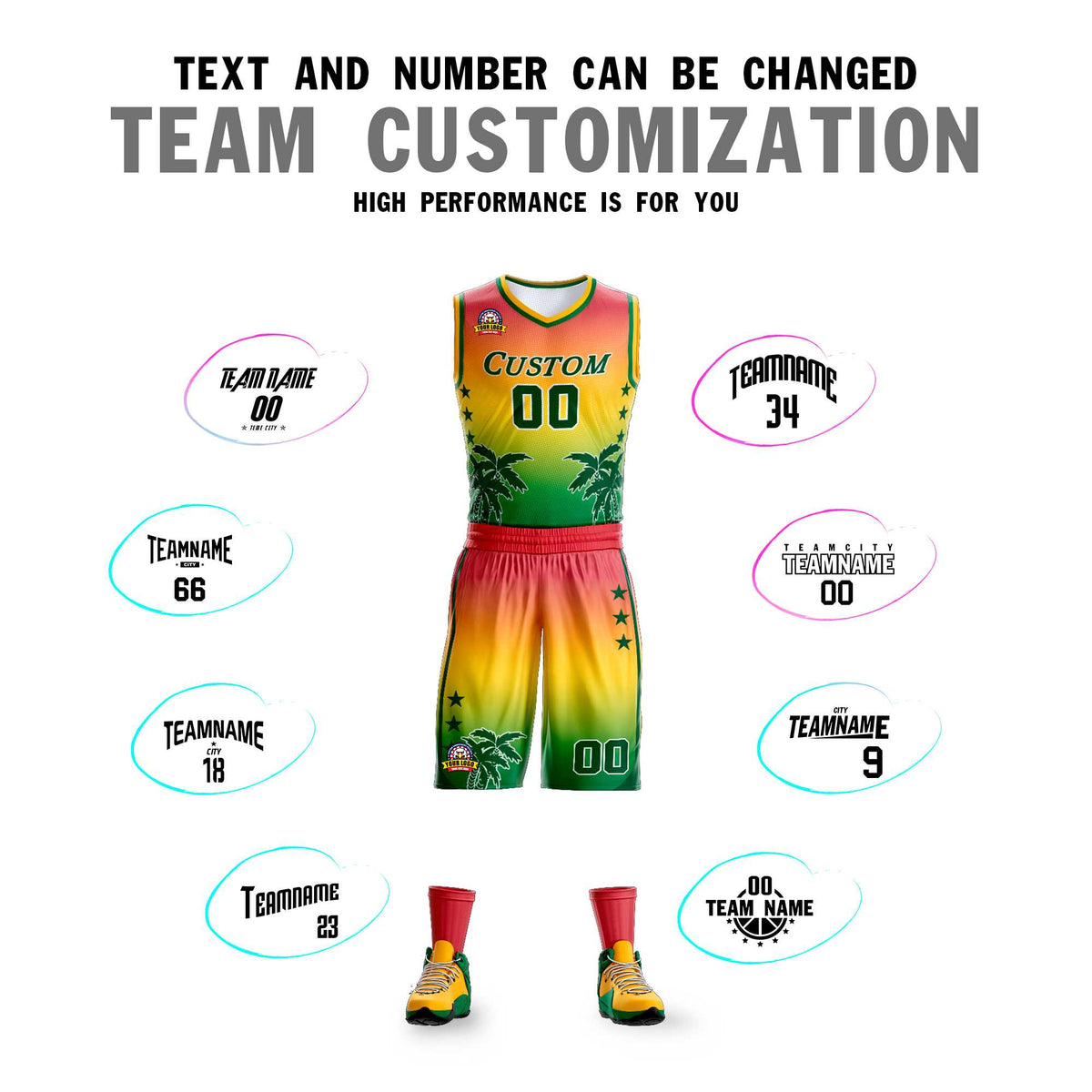 Custom Red Yellow-Green Gradient Fashion Coconut Palm Pattern Sports Uniform Basketball Jersey Limited