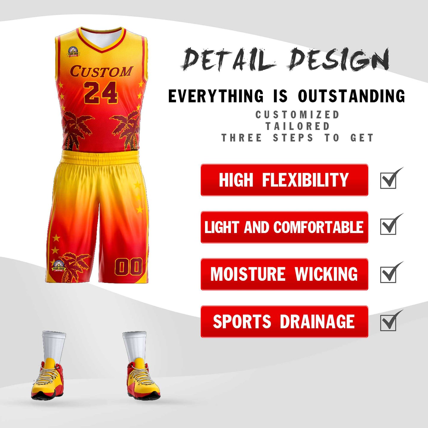 Custom Yellow Red-Dark Red Gradient Fashion Coconut Palm Pattern Sports Uniform Basketball Jersey Limited