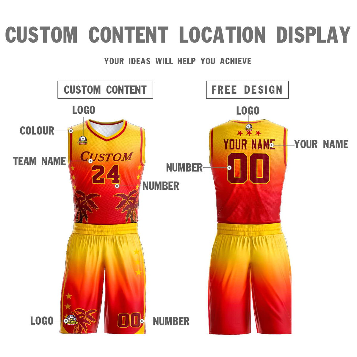 Custom Yellow Red-Dark Red Gradient Fashion Coconut Palm Pattern Sports Uniform Basketball Jersey Limited