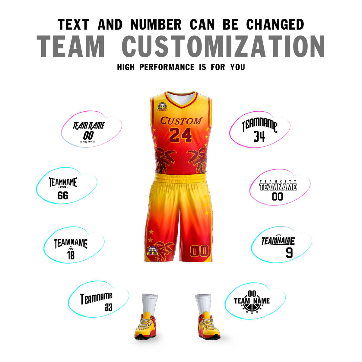 Custom Yellow Red-Dark Red Gradient Fashion Coconut Palm Pattern Sports Uniform Basketball Jersey Limited