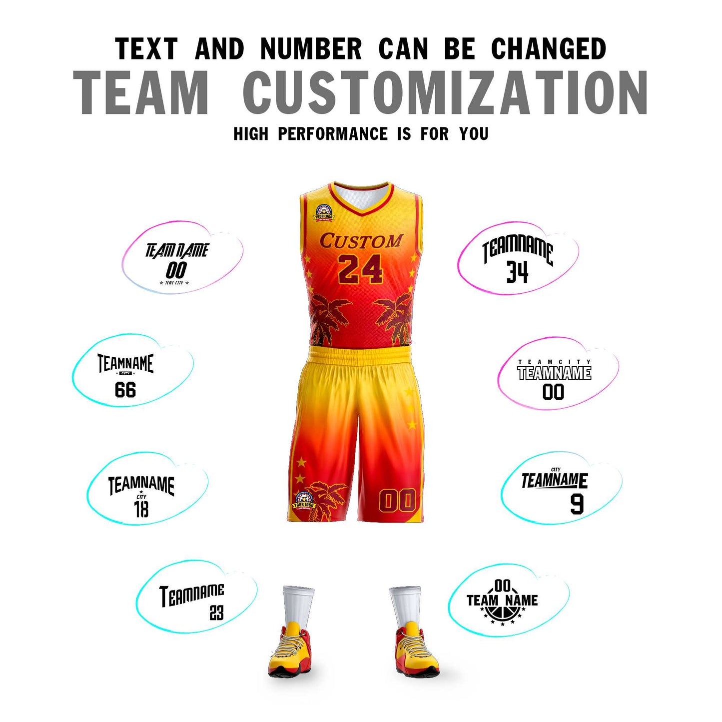 Custom Yellow Red-Dark Red Gradient Fashion Coconut Palm Pattern Sports Uniform Basketball Jersey Limited