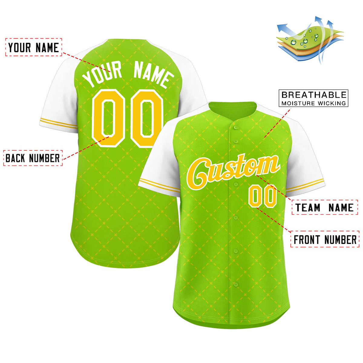 Custom Neon Green Yellow-White Rhombus Authentic Baseball Jersey Limited