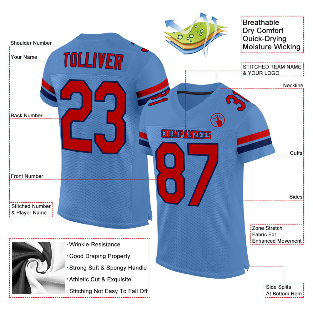 Custom Powder Blue Red-Navy Mesh Authentic Football Jersey Limited
