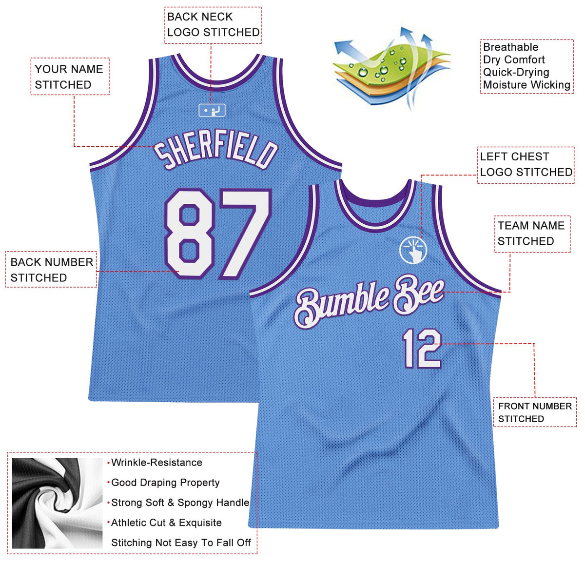 Custom Light Blue White-Purple Authentic Throwback Basketball Jersey Limited