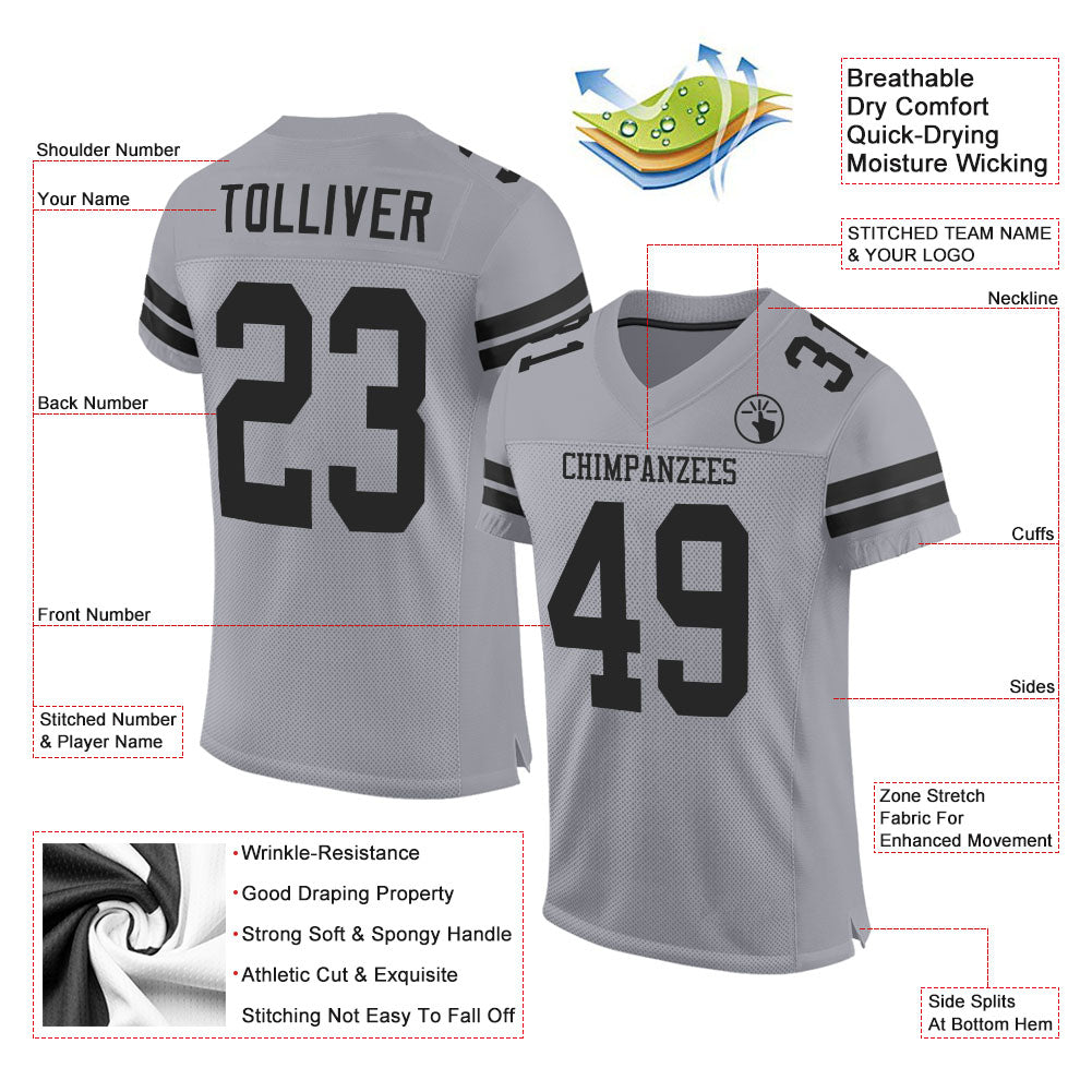 Custom Light Gray Black Mesh Authentic Football Jersey Limited