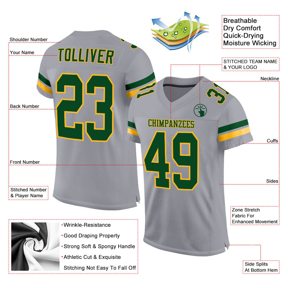 Custom Light Gray Green-Gold Mesh Authentic Football Jersey Limited