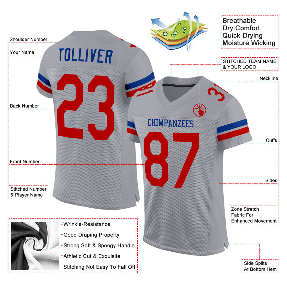 Custom Light Gray Red-Royal Mesh Authentic Football Jersey Limited