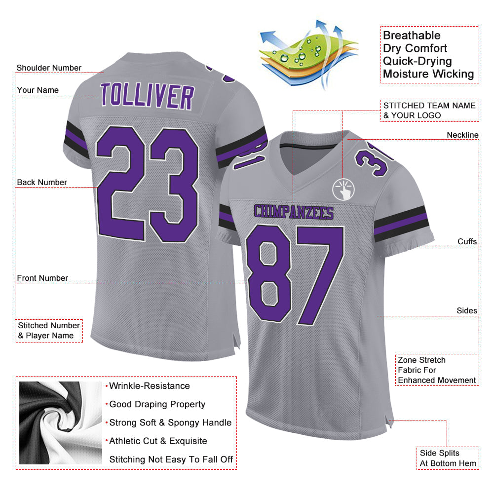 Custom Light Gray Purple-Black Mesh Authentic Football Jersey Limited
