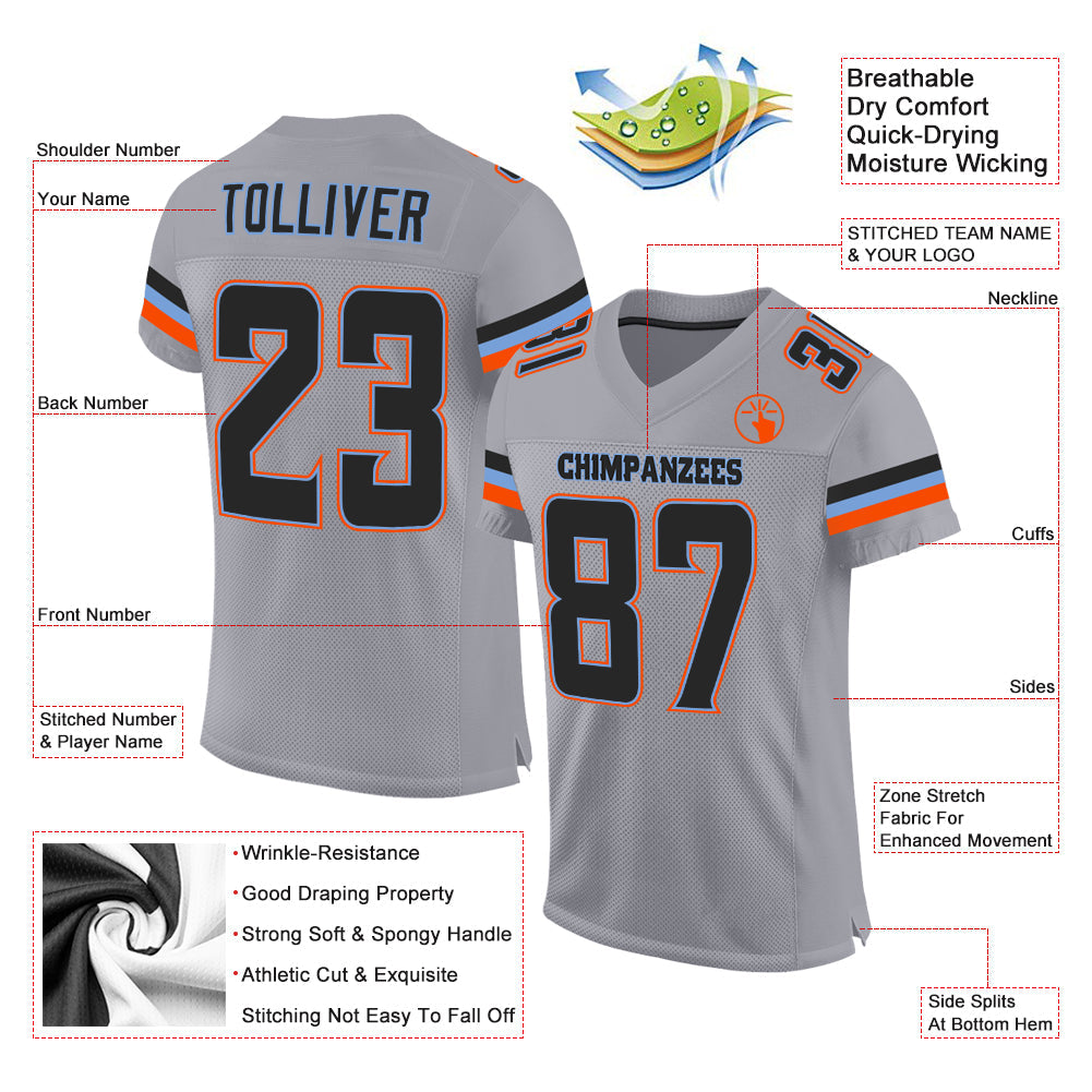 Custom Light Gray Black-Powder Blue Mesh Authentic Football Jersey Limited