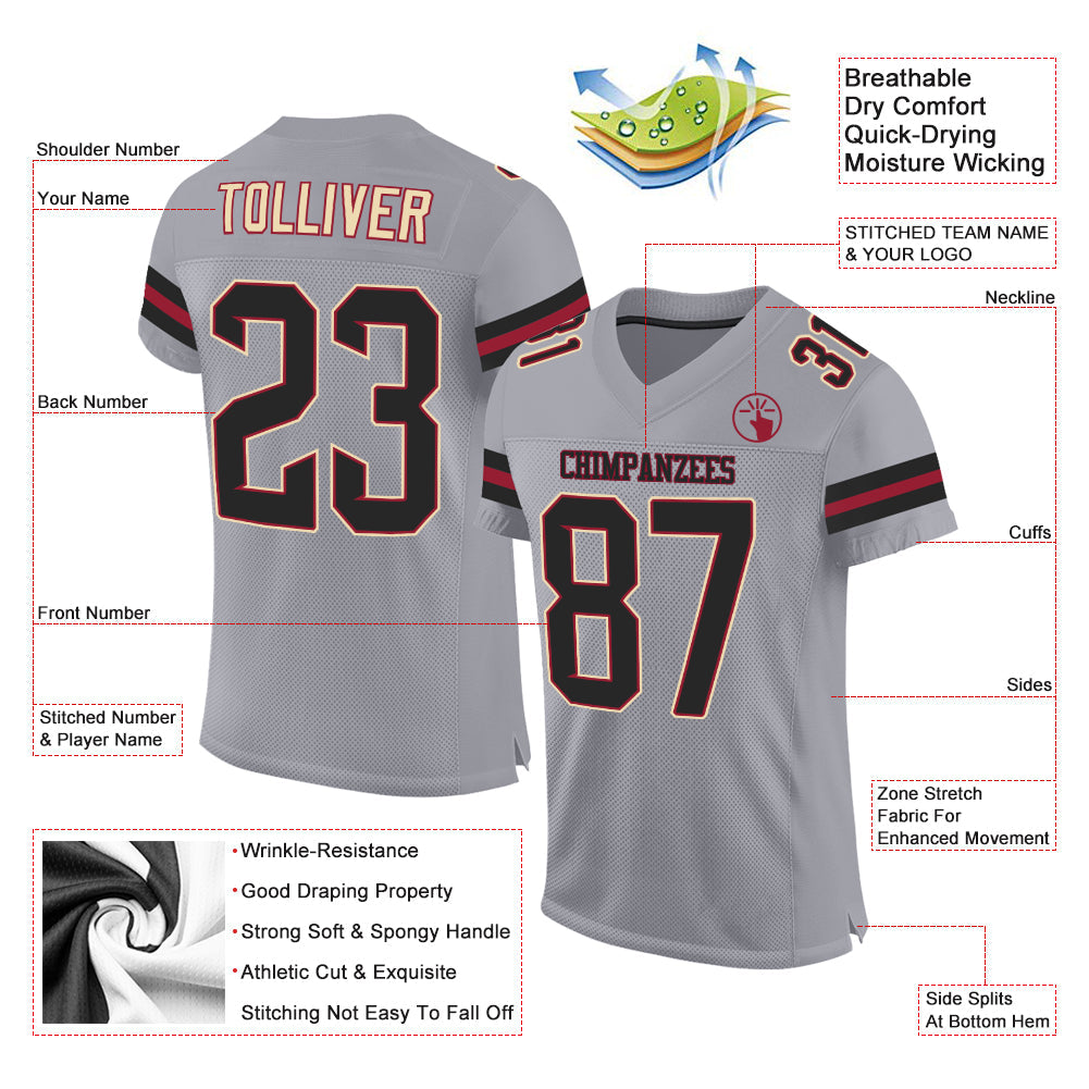 Custom Light Gray Black-Crimson Mesh Authentic Football Jersey Limited