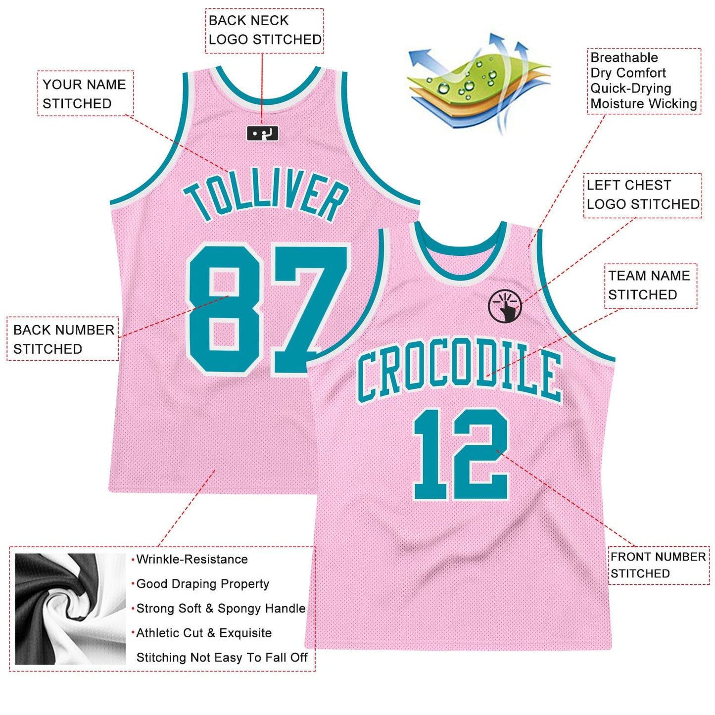 Custom Light Pink Teal-White Authentic Throwback Basketball Jersey Limited