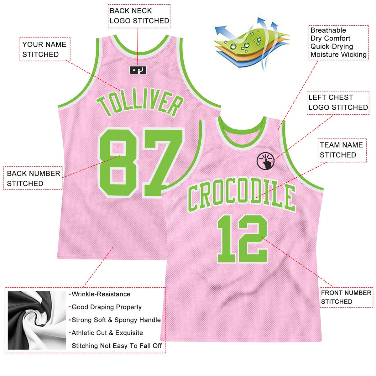 Custom Light Pink Neon Green-White Authentic Throwback Basketball Jersey Limited