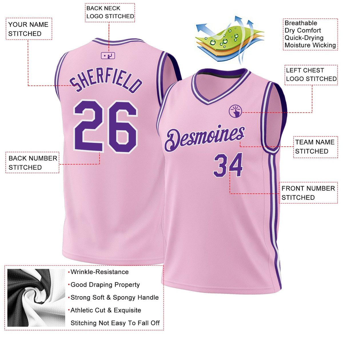 Custom Light Pink Purple-White Authentic Throwback Basketball Jersey Limited
