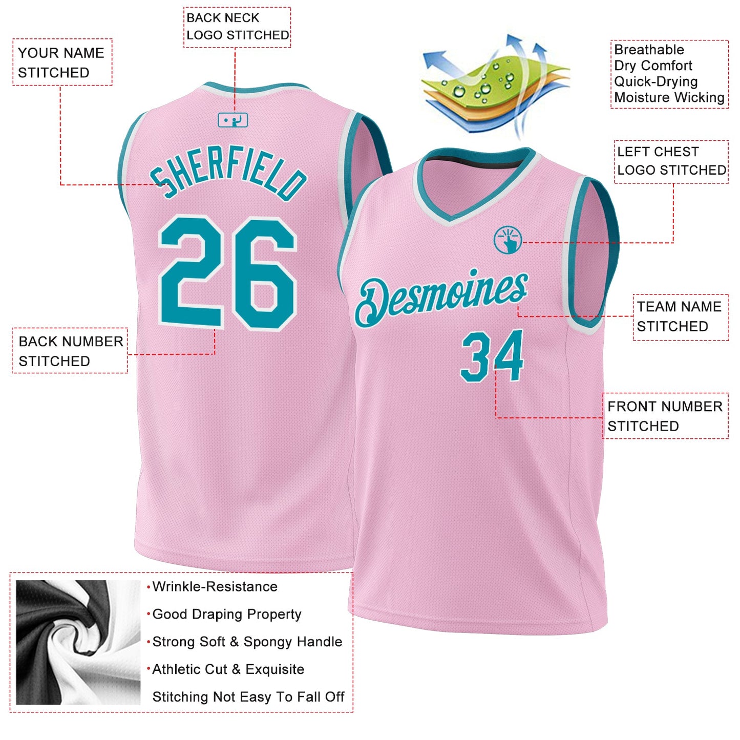 Custom Light Pink Teal-White Authentic Throwback Basketball Jersey Limited