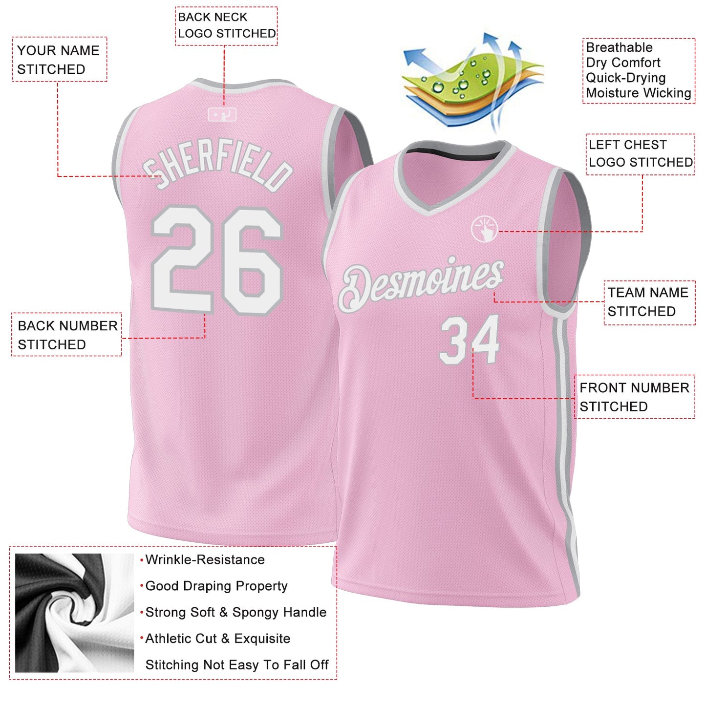 Custom Light Pink White-Gray Authentic Throwback Basketball Jersey Limited