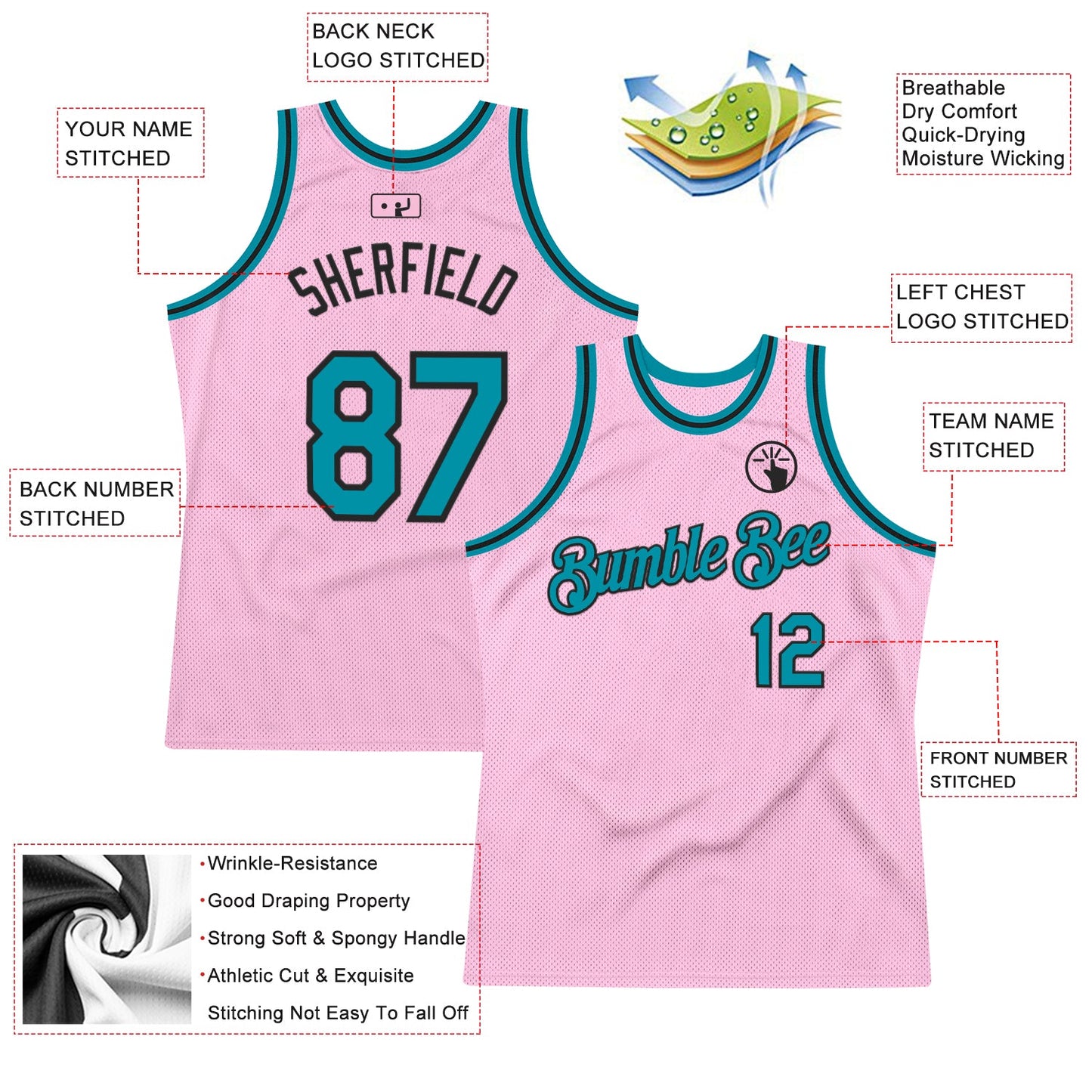 Custom Light Pink Teal-Black Authentic Throwback Basketball Jersey Limited