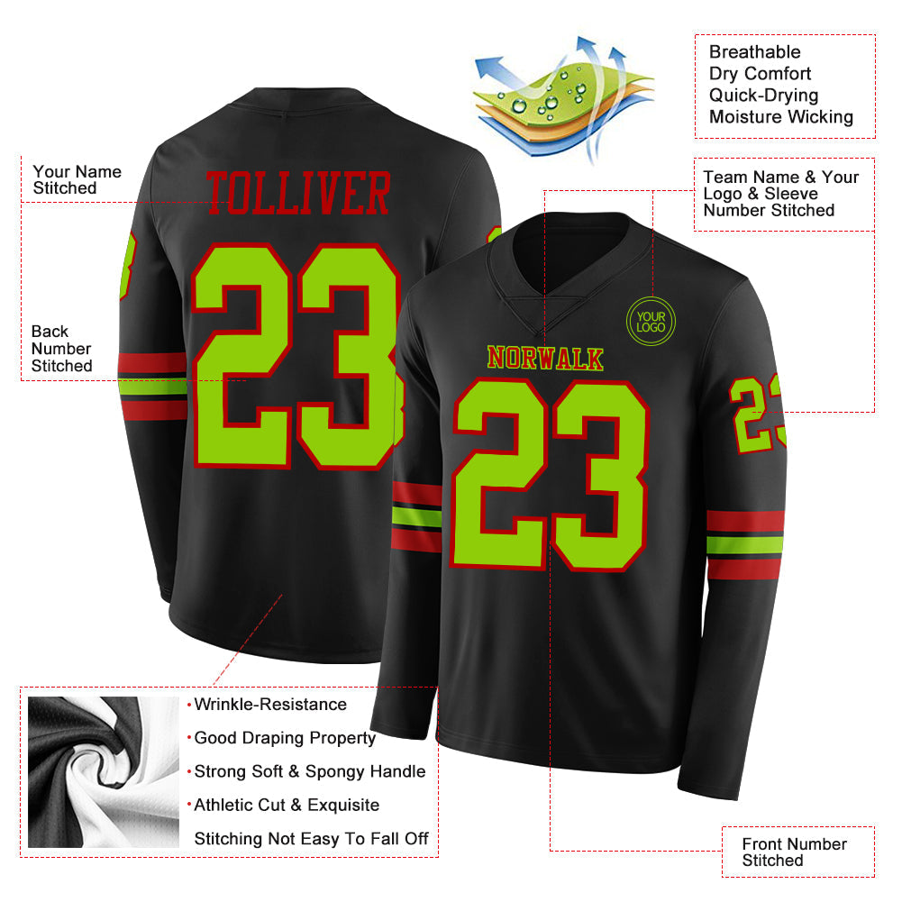 Custom Black Neon Green-Red Long Sleeve Authentic Football Jersey Limited
