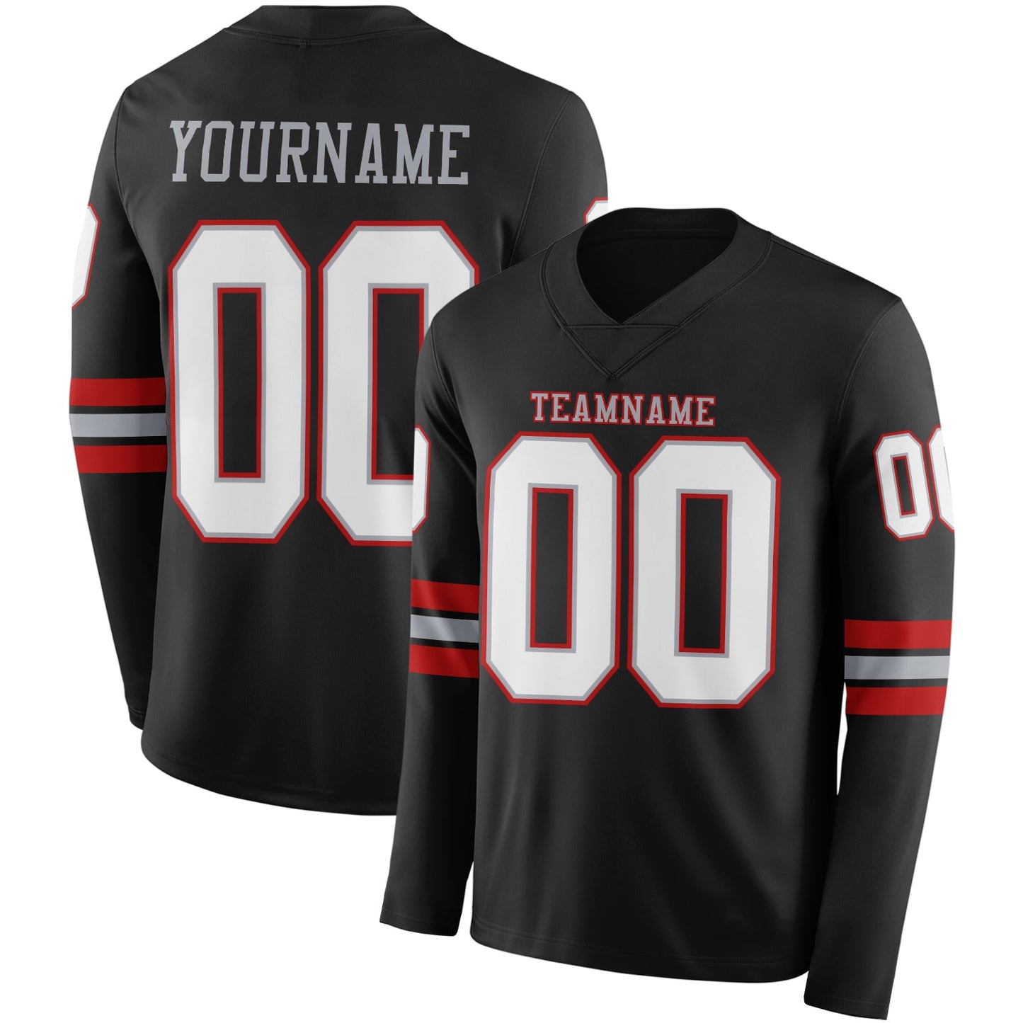 Custom Black White Gray-Red Long Sleeve Authentic Football Jersey