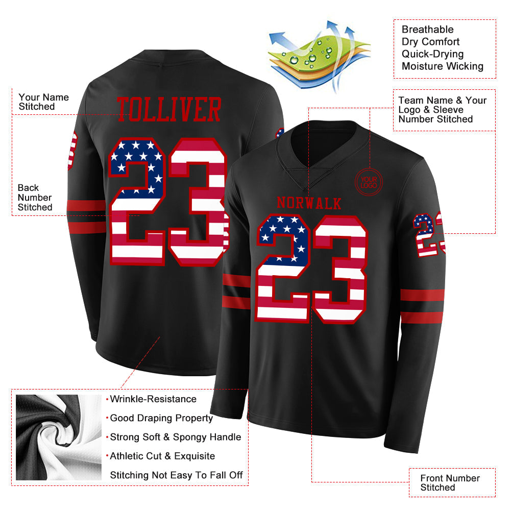 Custom Black Usa Flag-Red Long Sleeve Authentic Football Jersey Limited