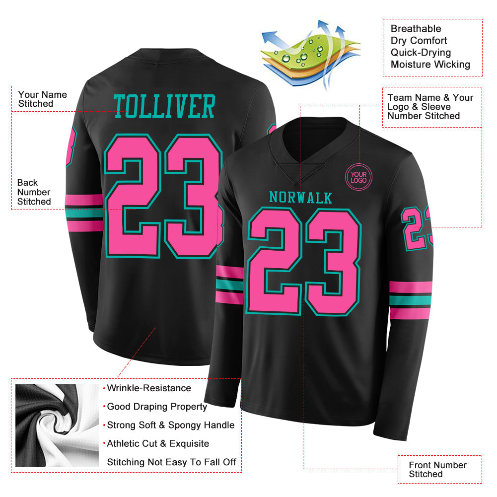 Custom Black Pink-Aqua Long Sleeve Authentic Football Jersey Limited