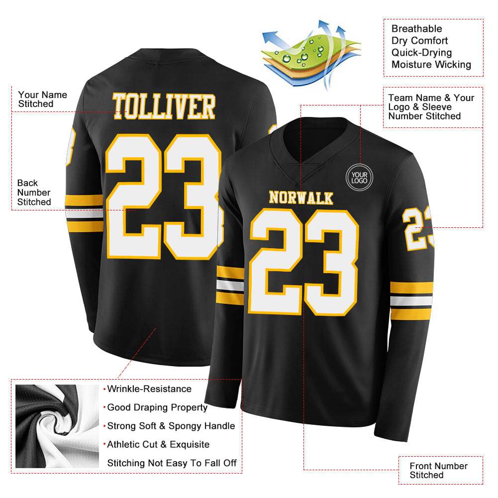 Custom Black White-Gold Long Sleeve Authentic Football Jersey Limited