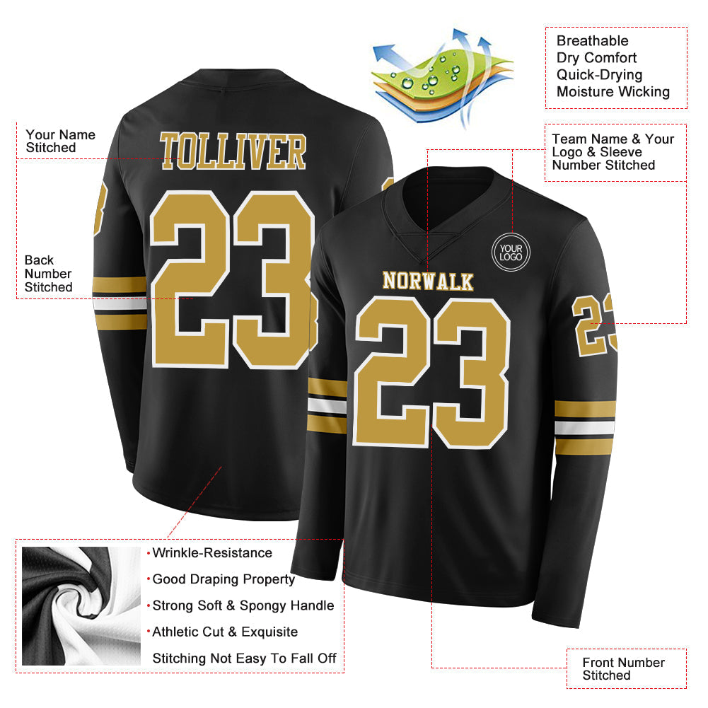 Custom Black Old Gold-White Long Sleeve Authentic Football Jersey Limited